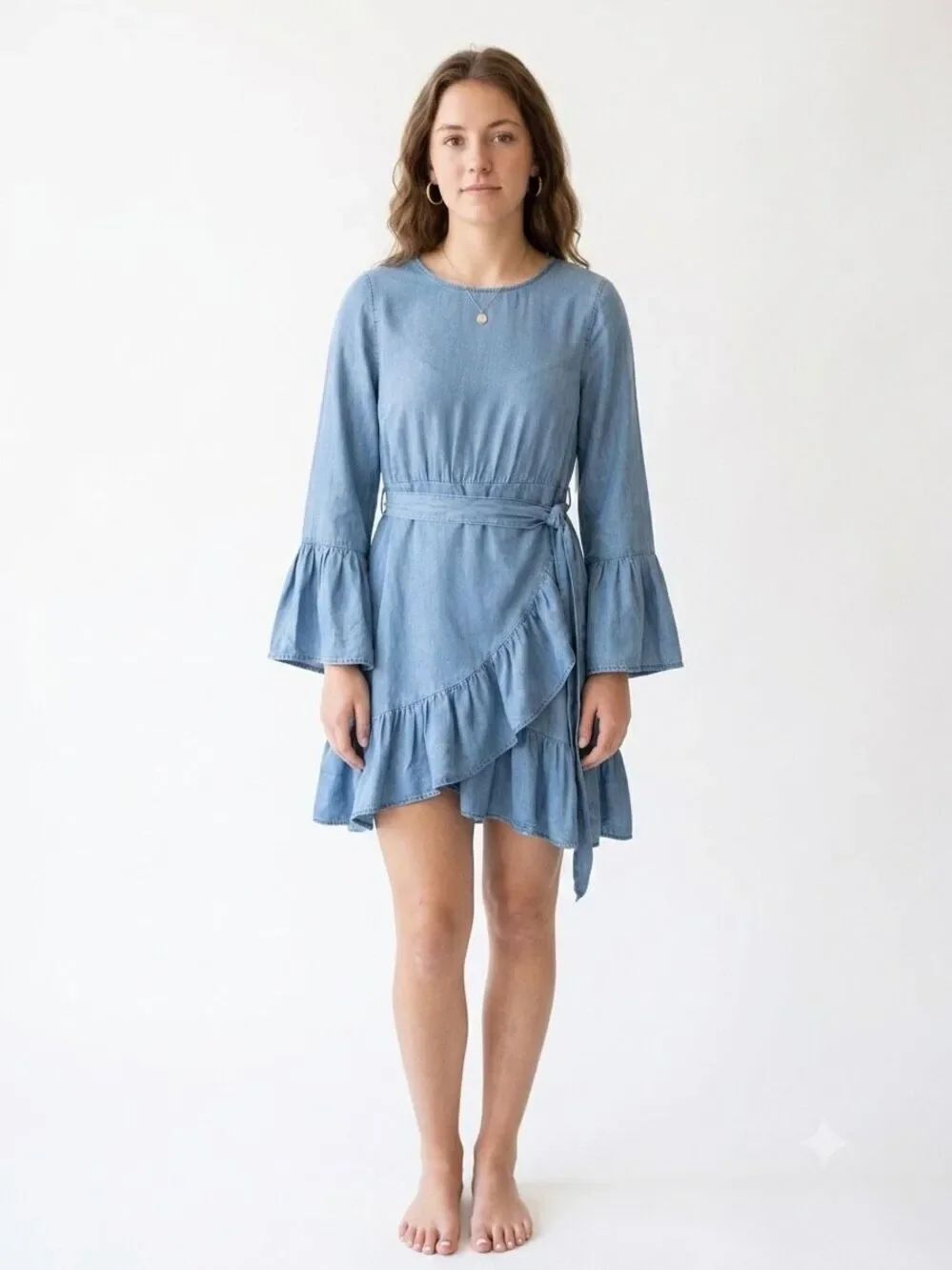NWT Blue Rain Chambray Faux Wrap Ruffle Mini Western Dress Bell Sleeve S